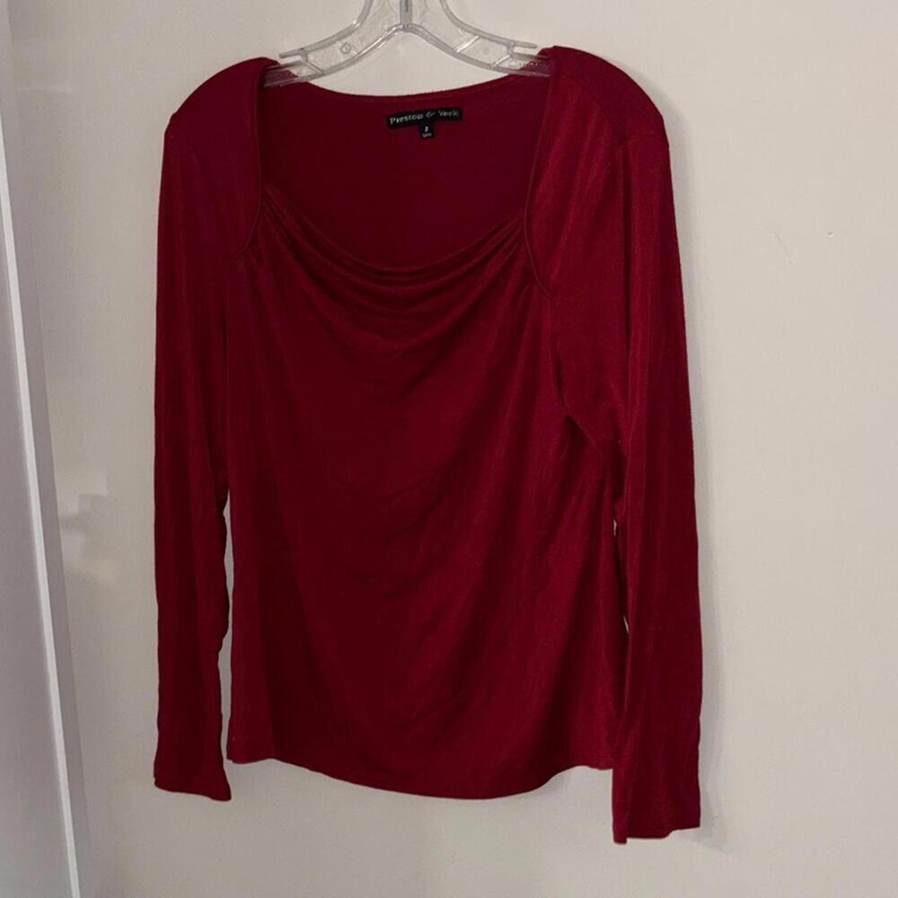 💕Preston & York red Drape neck, long sleeve stretch, blouse, shirt, top